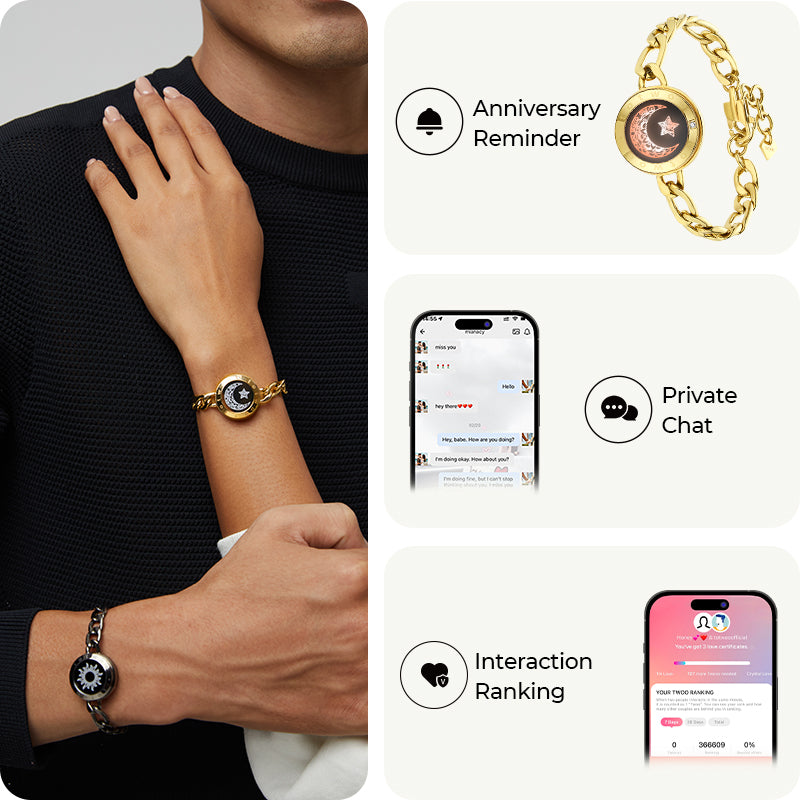 Bracelets tactiles Soleil et Lune avec chaîne Figaro (noir et or)