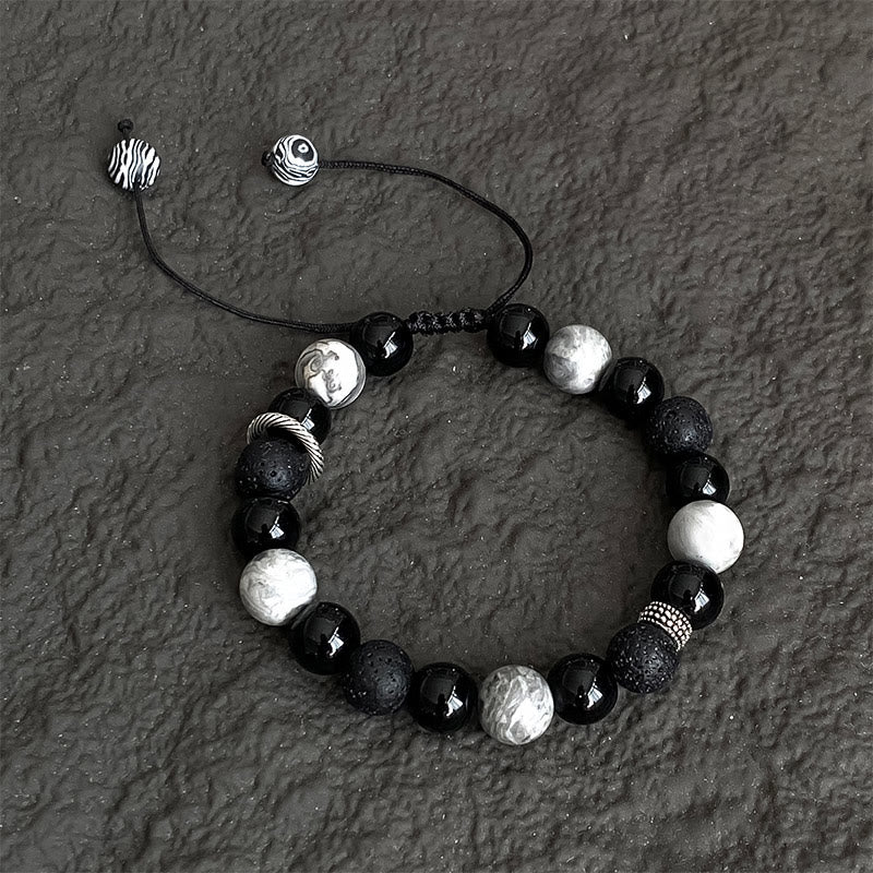 Buddha Stones Vintage Lava Rock Black Obsidian Picasso Jasper Beads Support Rope Bracelet