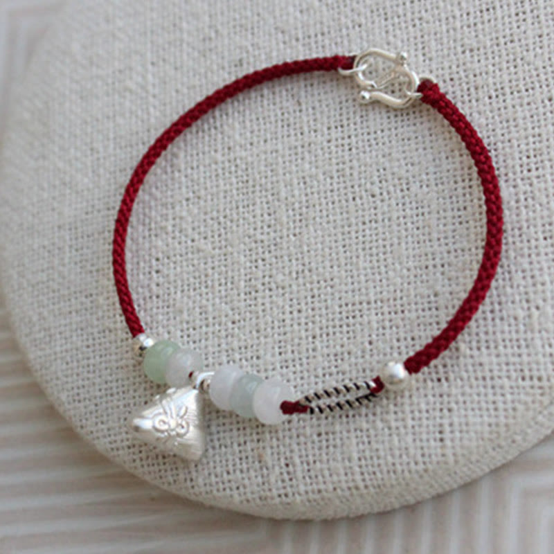 Bracelet d'abondance en argent sterling 925 et jade rouge avec breloque Zongzi