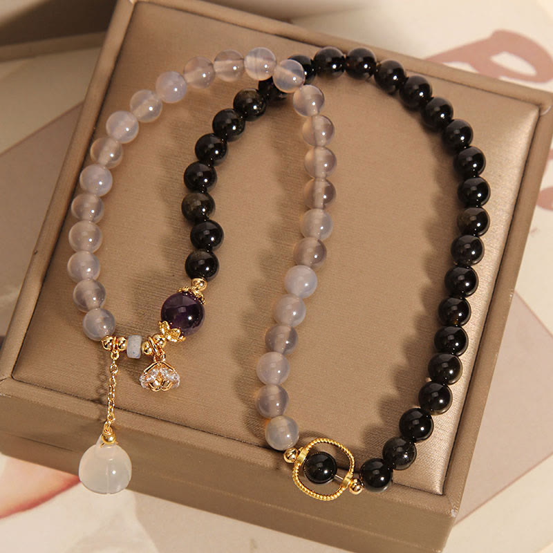 Bracelet double tour renforcé avec breloque en obsidienne grise et agate et lotus