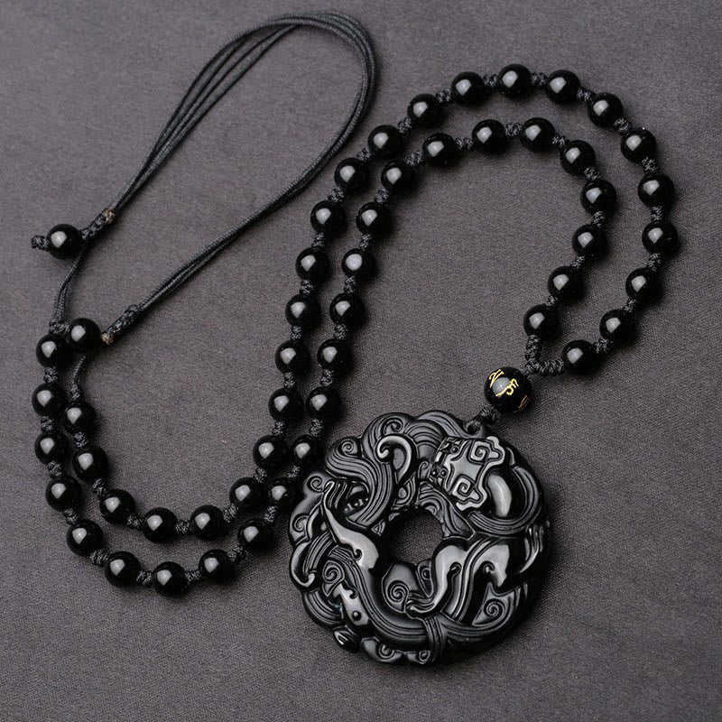 Collier pendentif en obsidienne noire naturelle avec boucle de paix et purification Pixiu