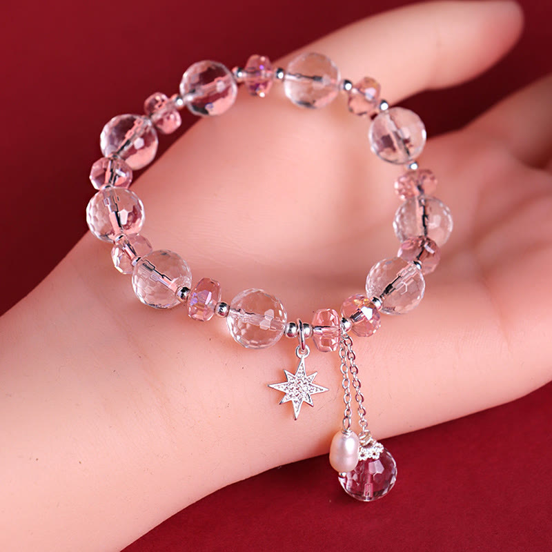 Bracelet à breloques étoile de protection en cristal blanc et rose avec pierres de Bouddha