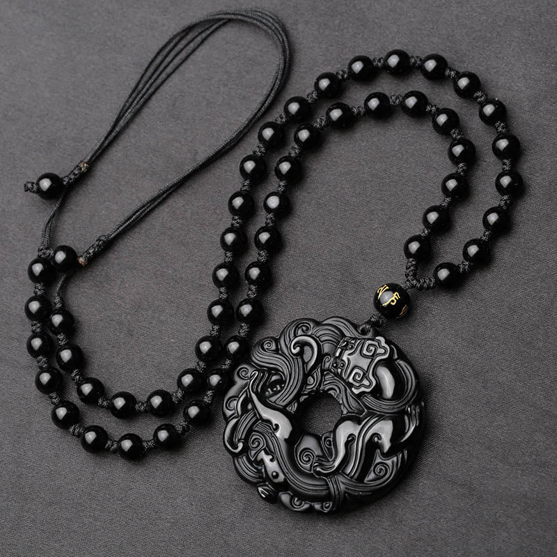 Collier pendentif en obsidienne noire naturelle avec boucle de paix et purification Pixiu