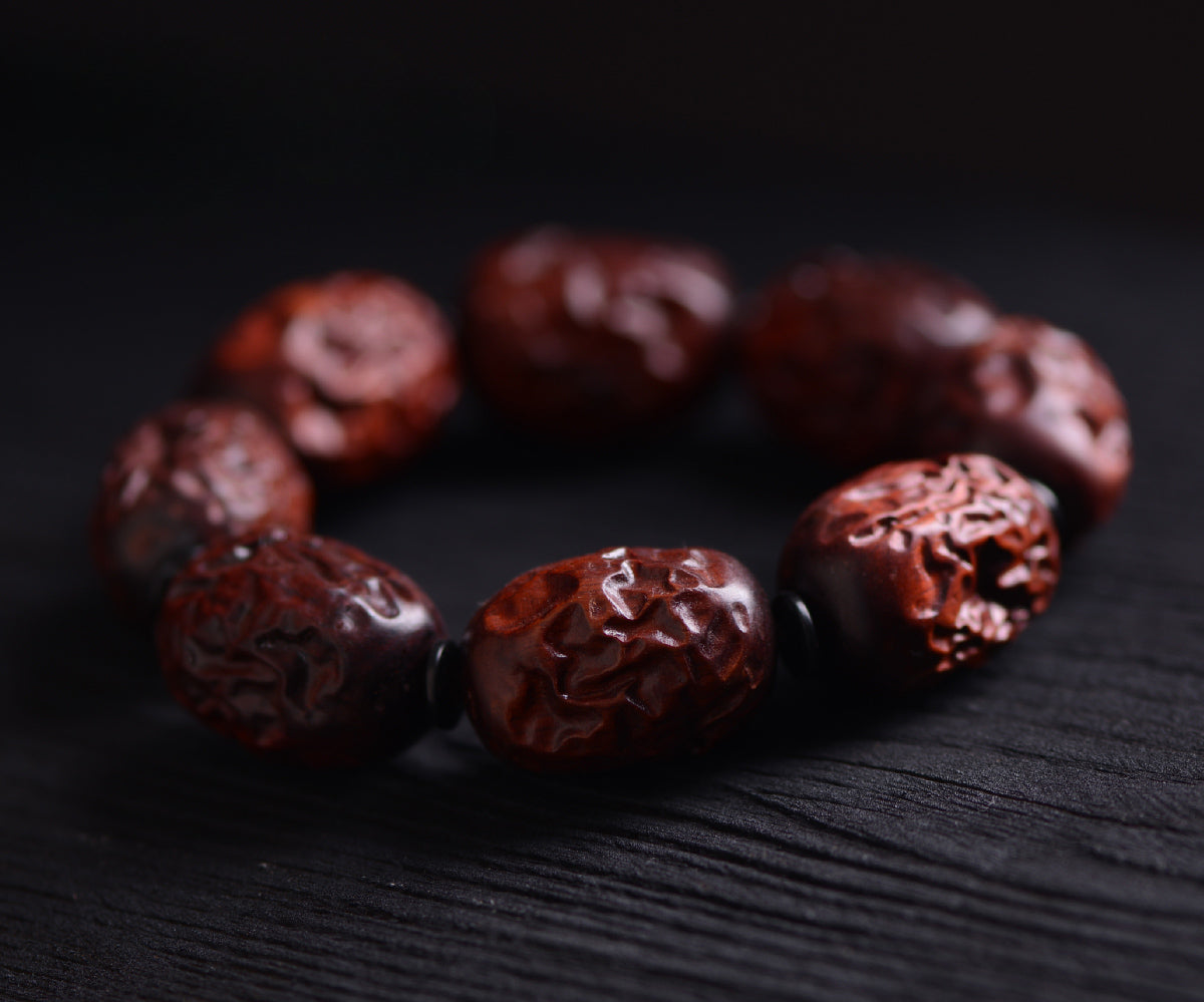 Handmade Red Sandalwood Carved Red Date Beads Bracelet