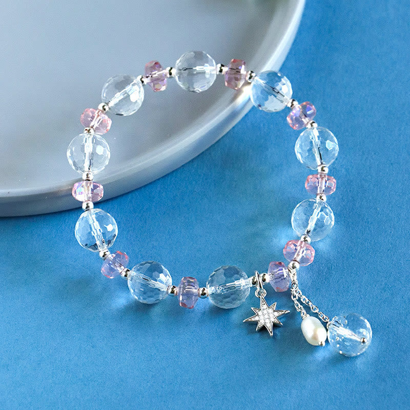 Bracelet à breloques étoile de protection en cristal blanc et rose avec pierres de Bouddha