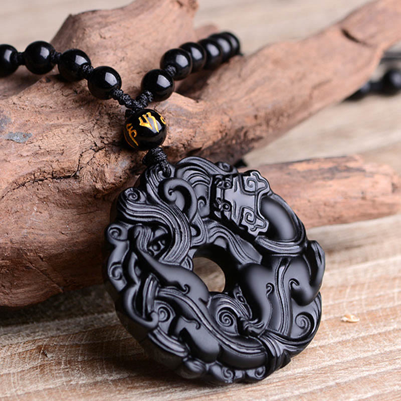 Collier pendentif en obsidienne noire naturelle avec boucle de paix et purification Pixiu
