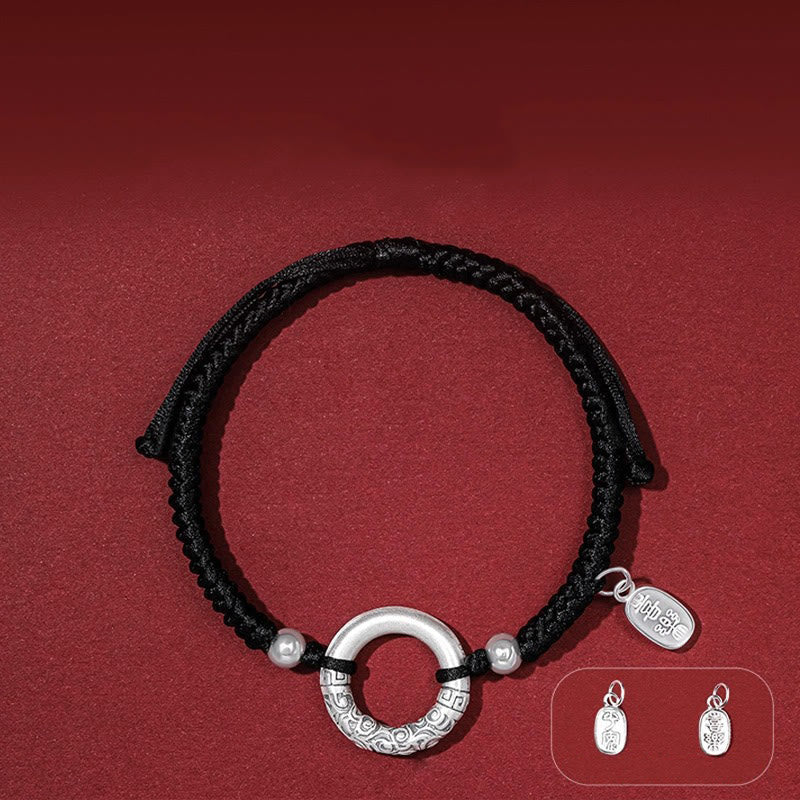 Bracelet à breloques en argent sterling 925 et onyx noir avec boucle de paix et personnage Fu