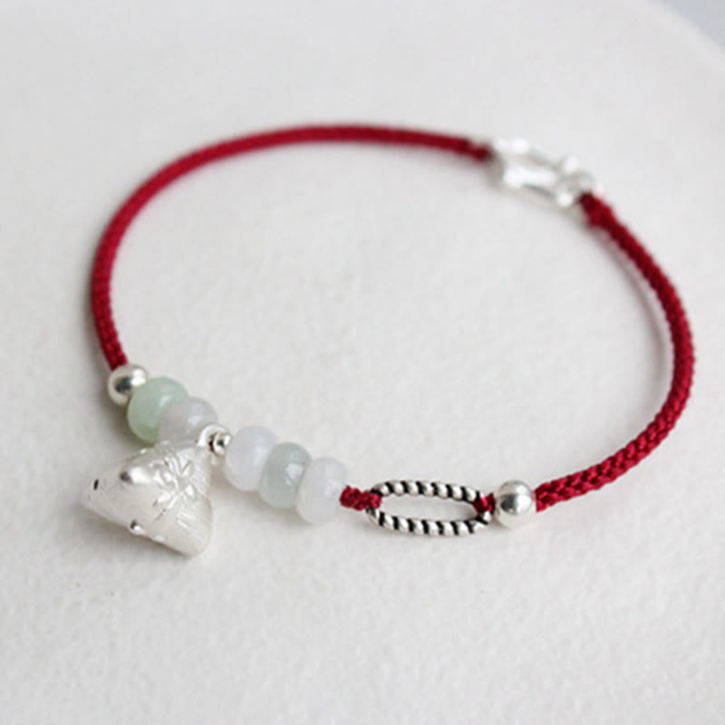 Bracelet d'abondance en argent sterling 925 et jade rouge avec breloque Zongzi