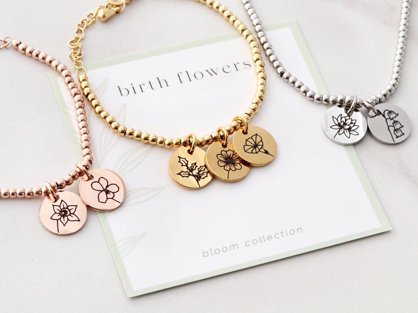Birth Flower Beaded Bracelet | 13mm Discs