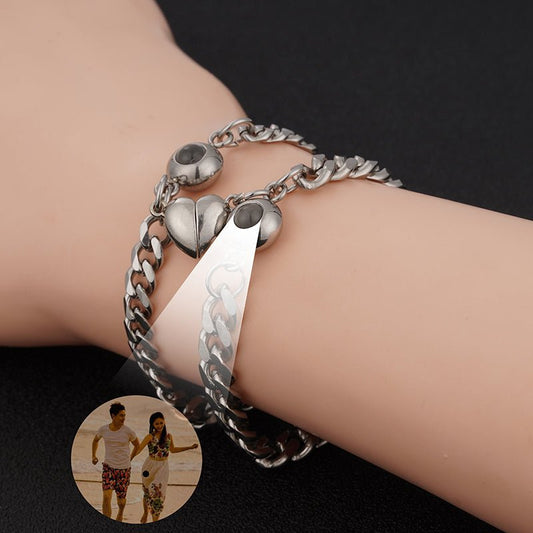 Bracelet photo caché personnalisé en argent avec chaîne magnétique pour couple