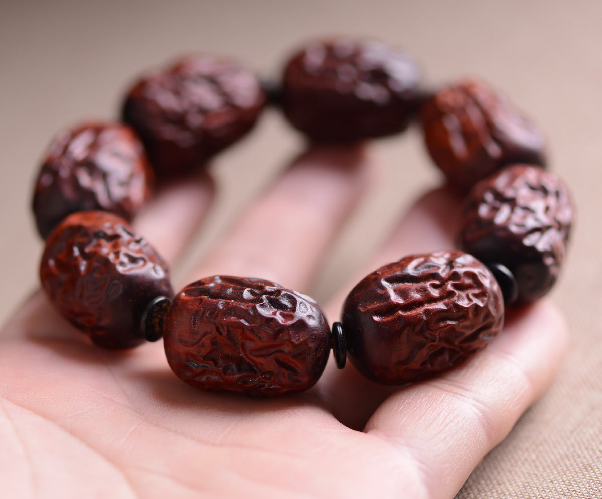 Handmade Red Sandalwood Carved Red Date Beads Bracelet