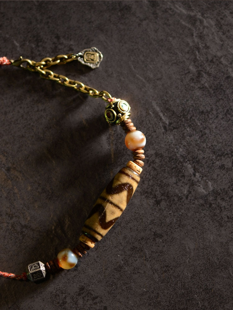 Tibetan Yellow Tiger Tooth Dzi Beads Handmade Rope Dzi Stone Beads Pendant