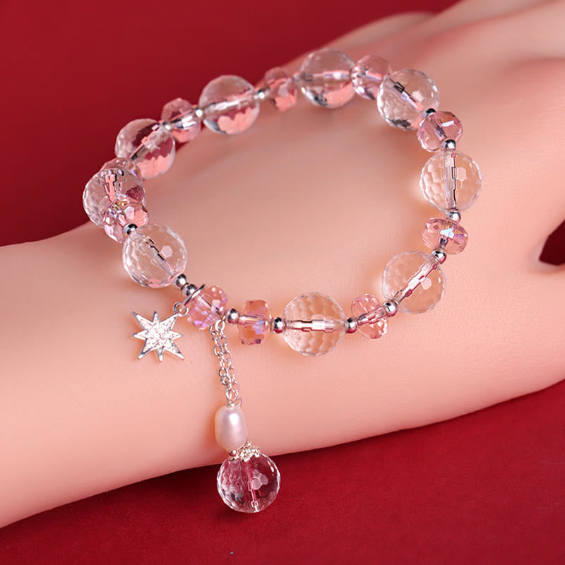 Bracelet à breloques étoile de protection en cristal blanc et rose avec pierres de Bouddha