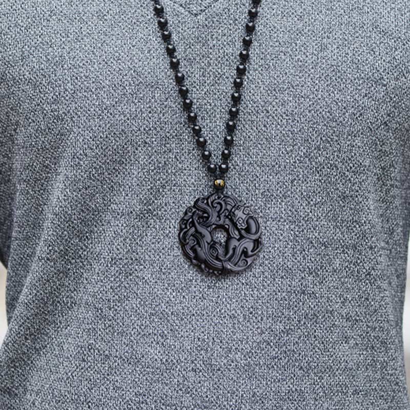 Collier pendentif en obsidienne noire naturelle avec boucle de paix et purification Pixiu