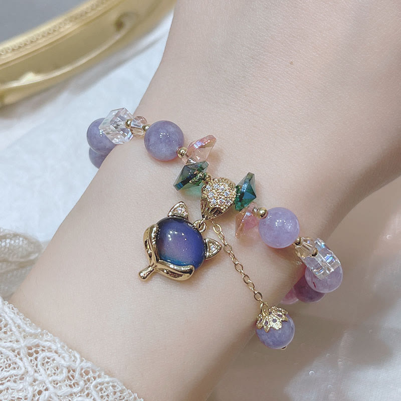 Bracelet porte-bonheur en jade violet naturel avec breloque renard et pierres de Bouddha