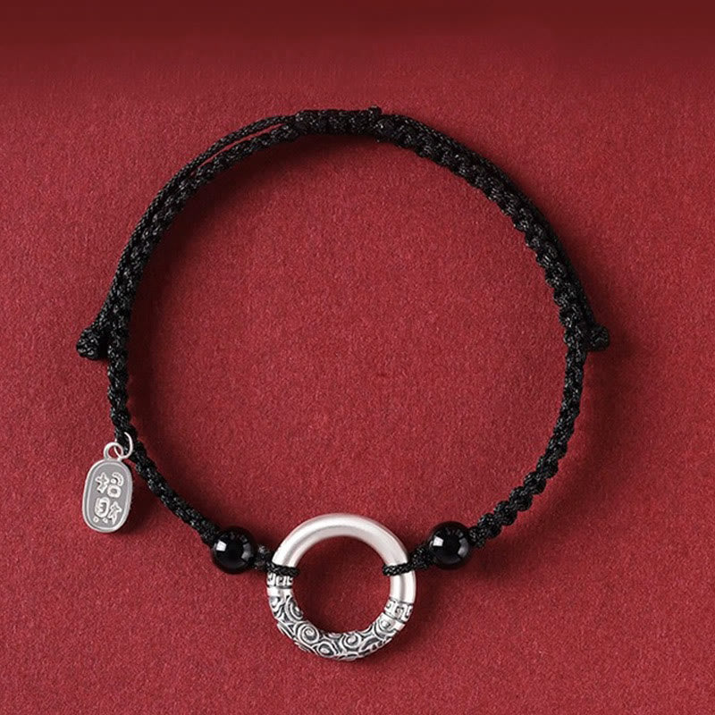 Bracelet à breloques en argent sterling 925 et onyx noir avec boucle de paix et personnage Fu