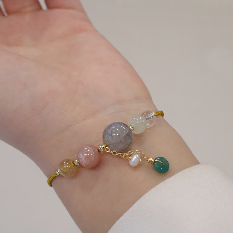 Bracelet de guérison avec breloque en pierre de lune et pierre de soleil, pierre de Bouddha et boucle de paix