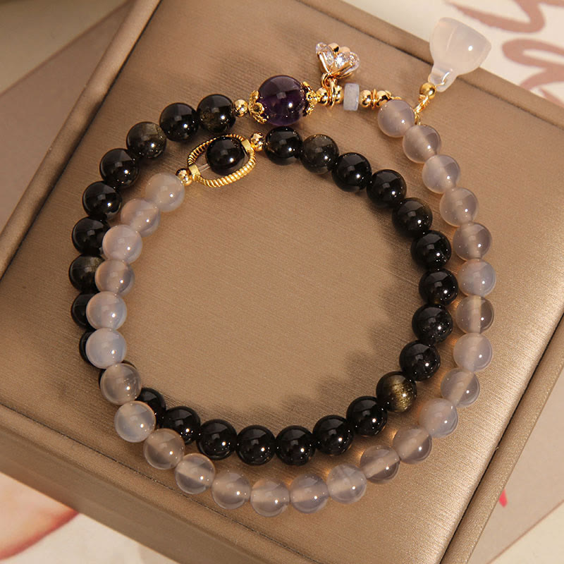 Bracelet double tour renforcé avec breloque en obsidienne grise et agate et lotus