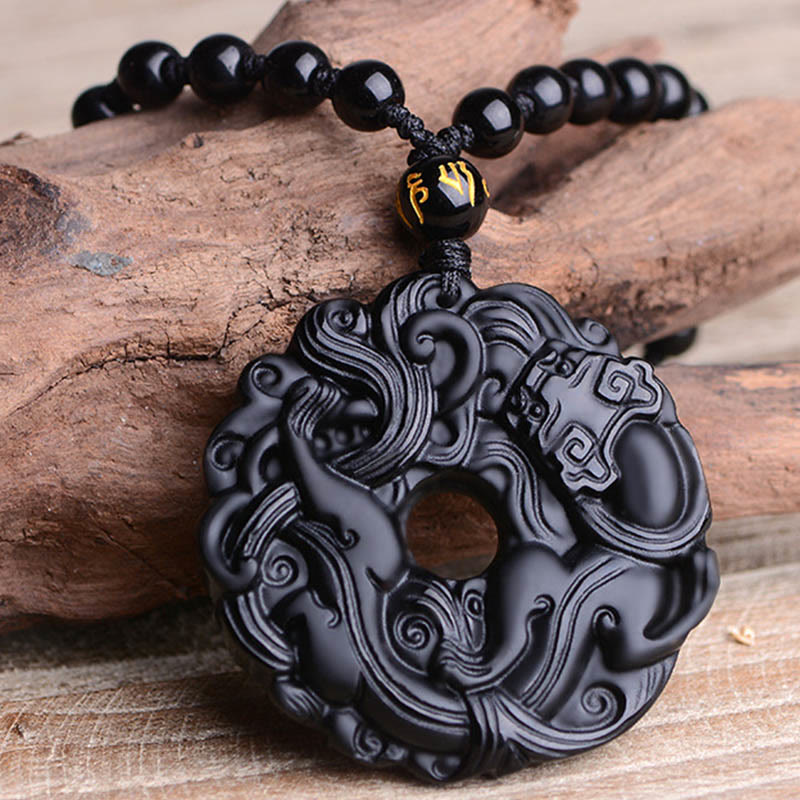 Collier pendentif en obsidienne noire naturelle avec boucle de paix et purification Pixiu