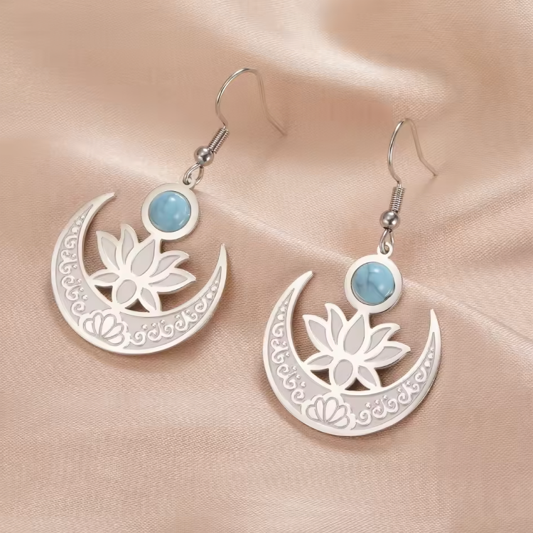 Lotus Moon Turquoise Dangle Earrings
