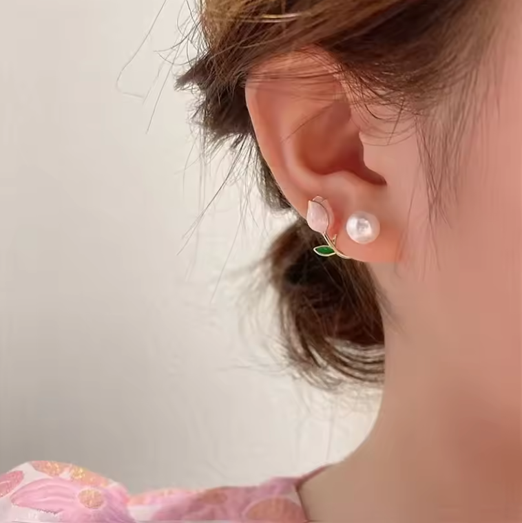 Pink Tulip Pearl Stud Earrings