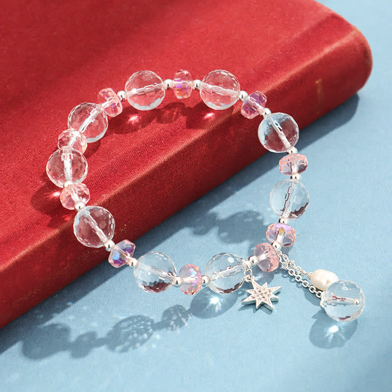 Bracelet à breloques étoile de protection en cristal blanc et rose avec pierres de Bouddha