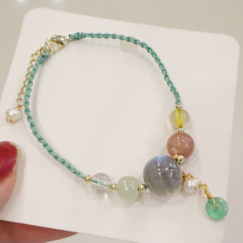 Bracelet de guérison avec breloque en pierre de lune et pierre de soleil, pierre de Bouddha et boucle de paix