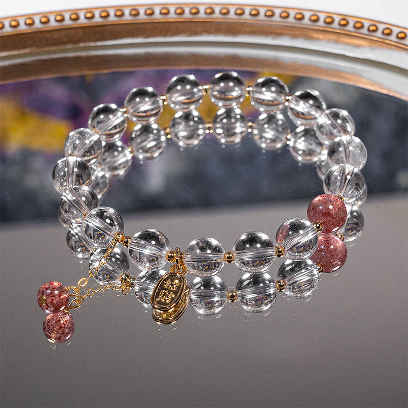Bracelet à breloques en cristal blanc et quartz fraise de Bouddha