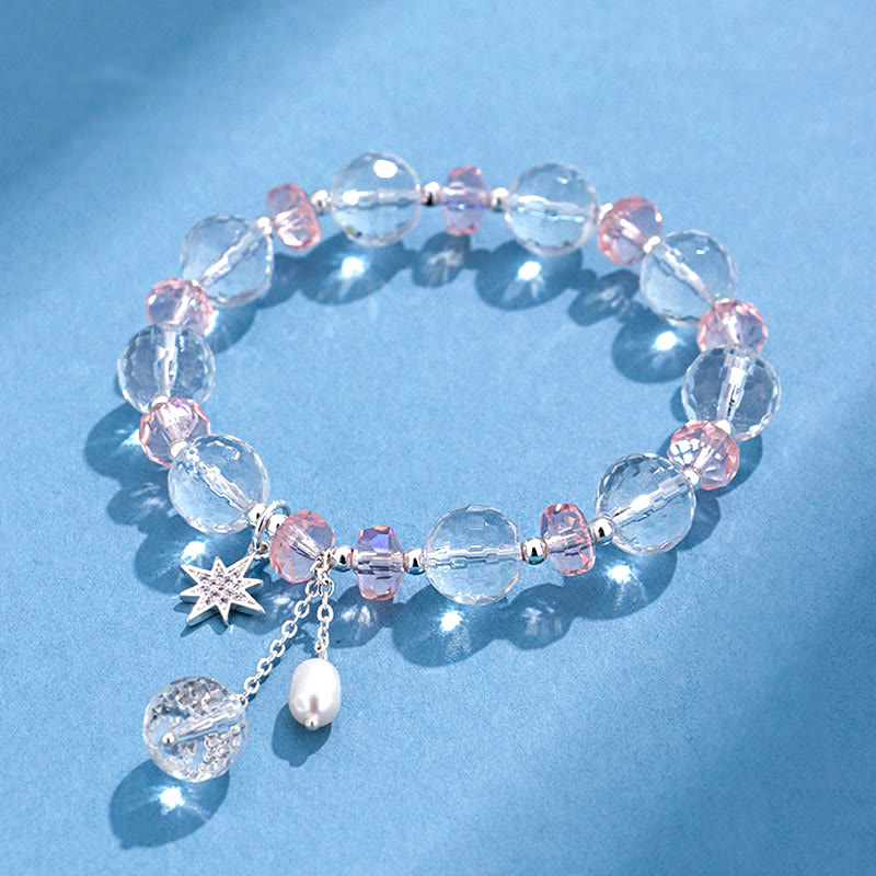 Bracelet à breloques étoile de protection en cristal blanc et rose avec pierres de Bouddha