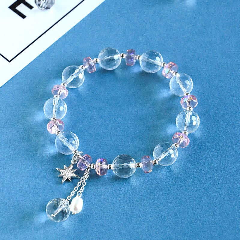 Bracelet à breloques étoile de protection en cristal blanc et rose avec pierres de Bouddha