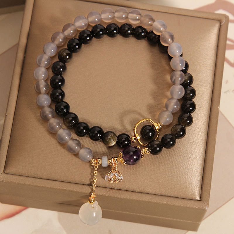 Bracelet double tour renforcé avec breloque en obsidienne grise et agate et lotus