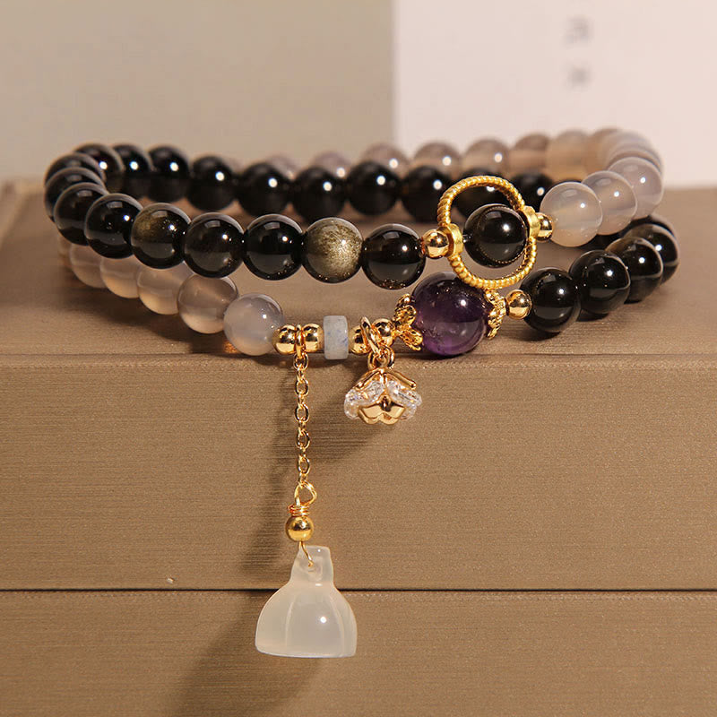 Bracelet double tour renforcé avec breloque en obsidienne grise et agate et lotus