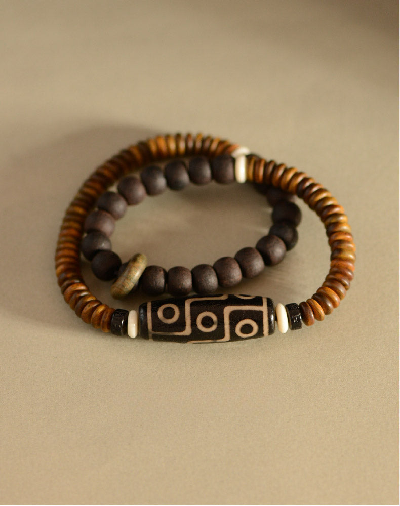 Tibetan Green Sandalwood Nine-Eyed Dzi Beads Bracelet