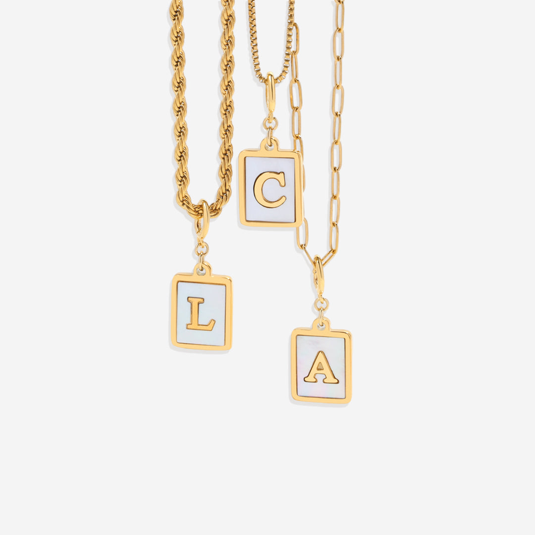 Mother of Pearl Initial Card Necklace | Paperclip Chain