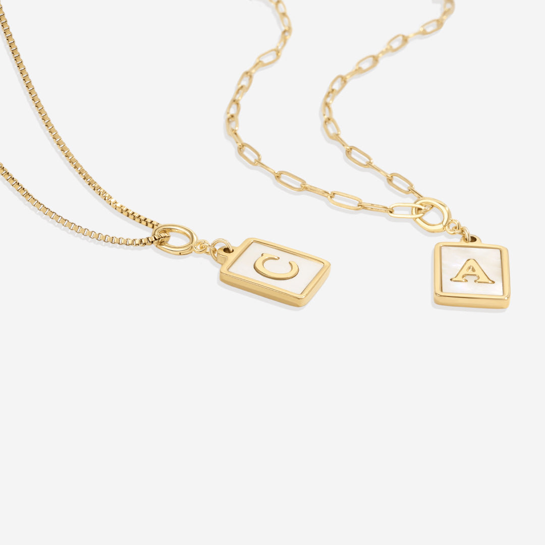 Mother of Pearl Initial Card Necklace | Box Chain