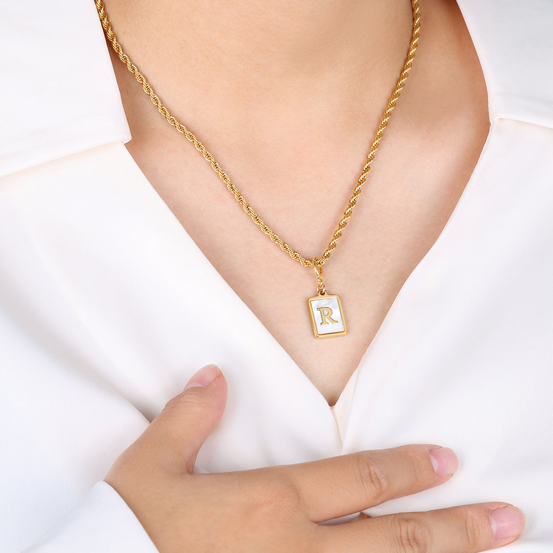 Mother of Pearl Initial Card Necklace | Rope Chain