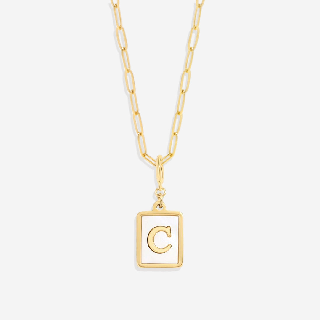 Mother of Pearl Initial Card Necklace | Paperclip Chain
