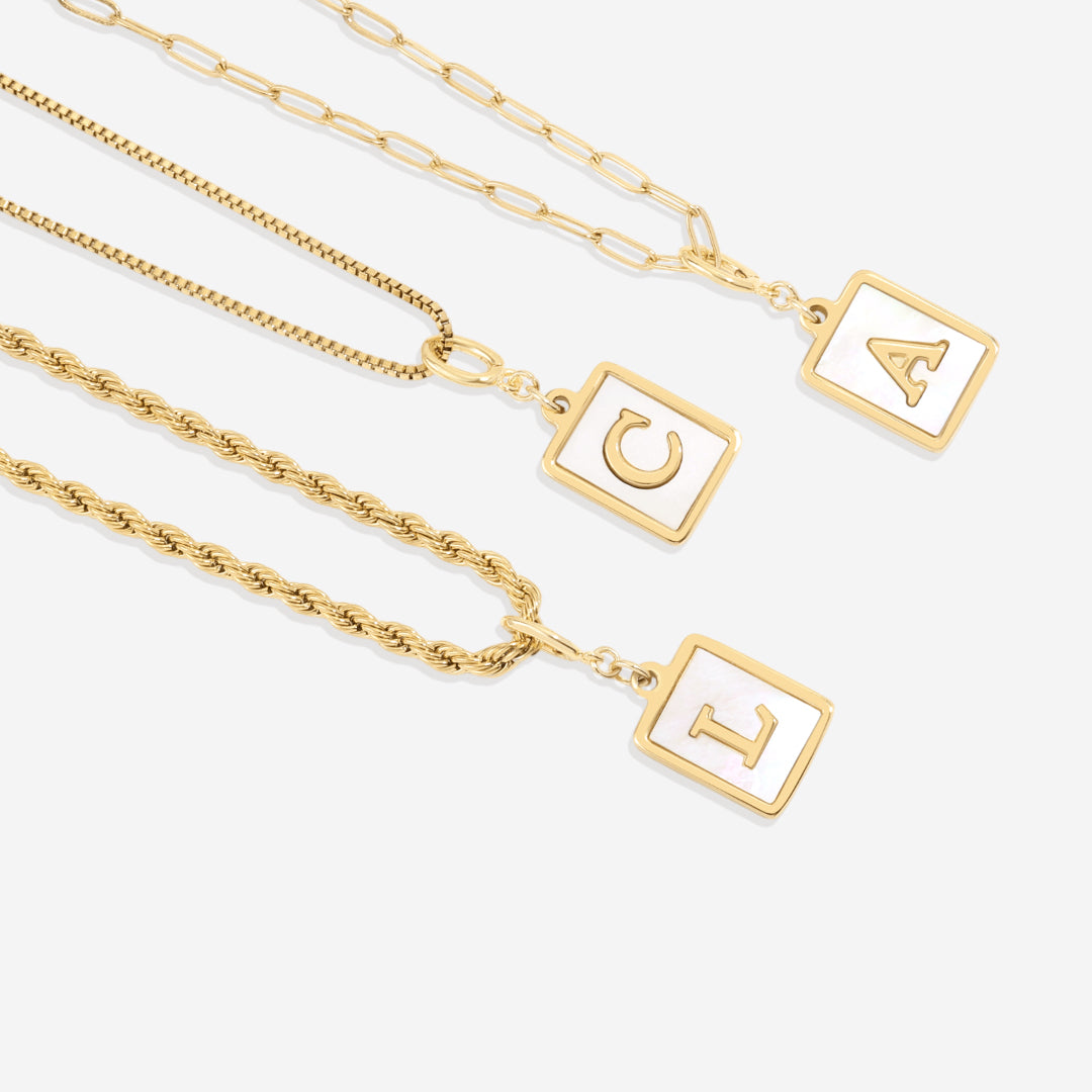 Mother of Pearl Initial Card Necklace | Box Chain