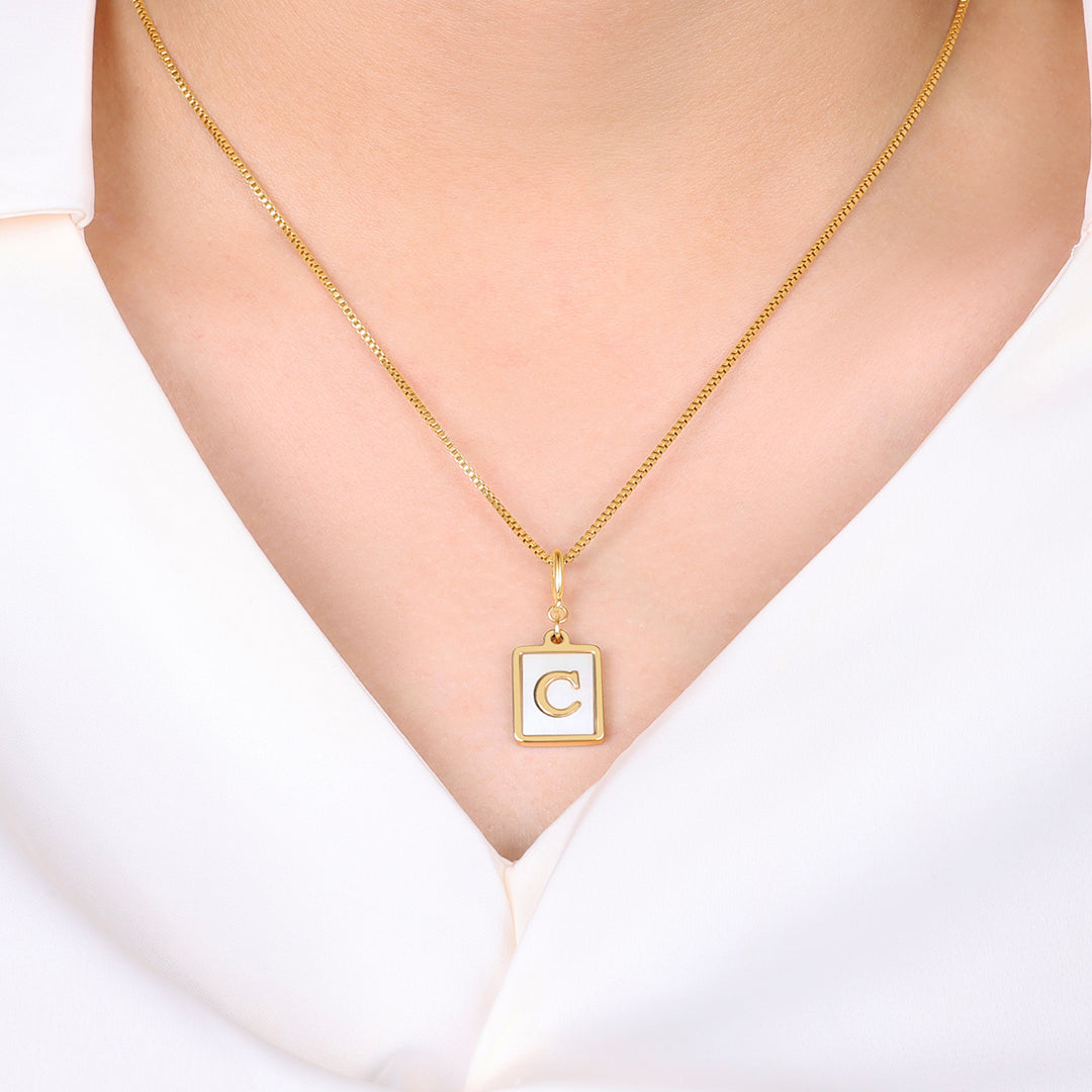 Mother of Pearl Initial Card Necklace | Box Chain