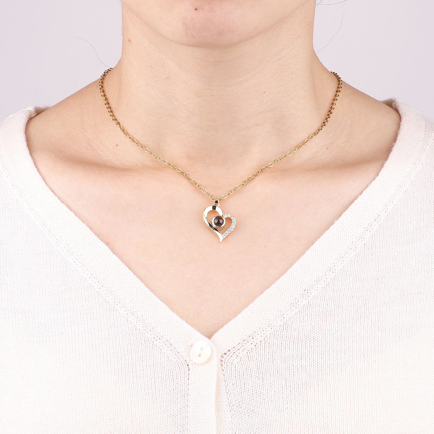 Half Pave Heart Photo Necklace