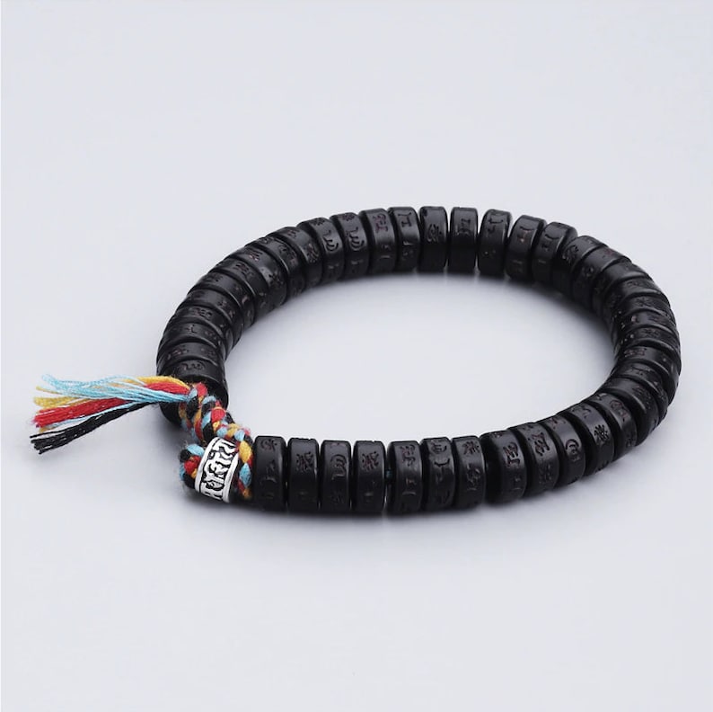 Bracelet tibétain tressé porte-bonheur en coquille de noix de coco noire, bracelet de méditation, bracelet pour homme
