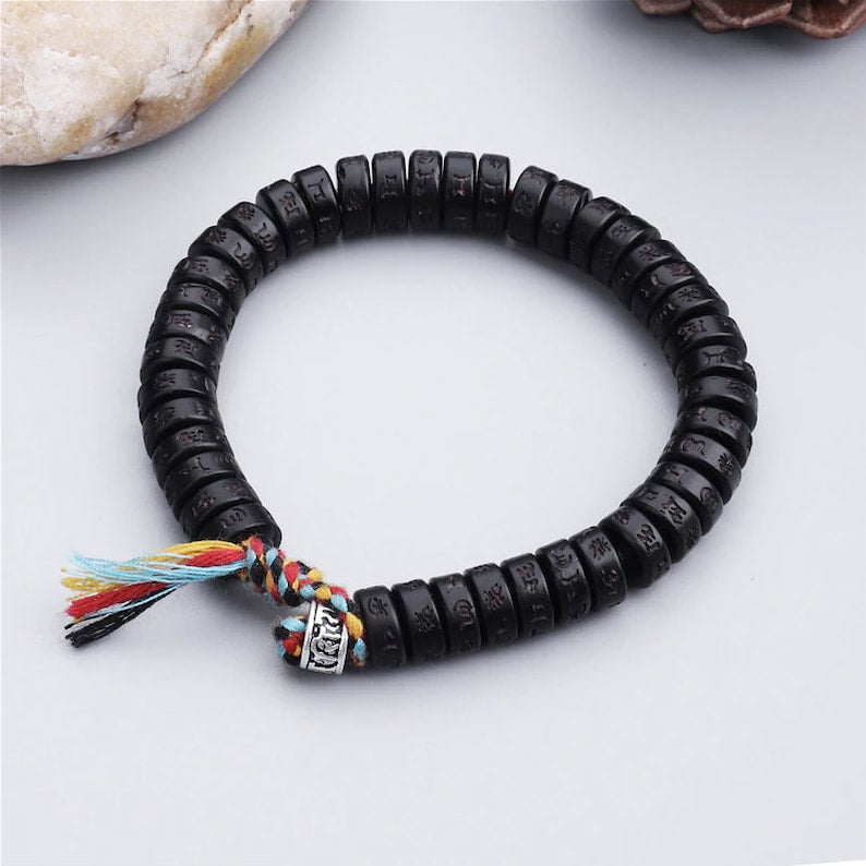 Bracelet tibétain tressé porte-bonheur en coquille de noix de coco noire, bracelet de méditation, bracelet pour homme