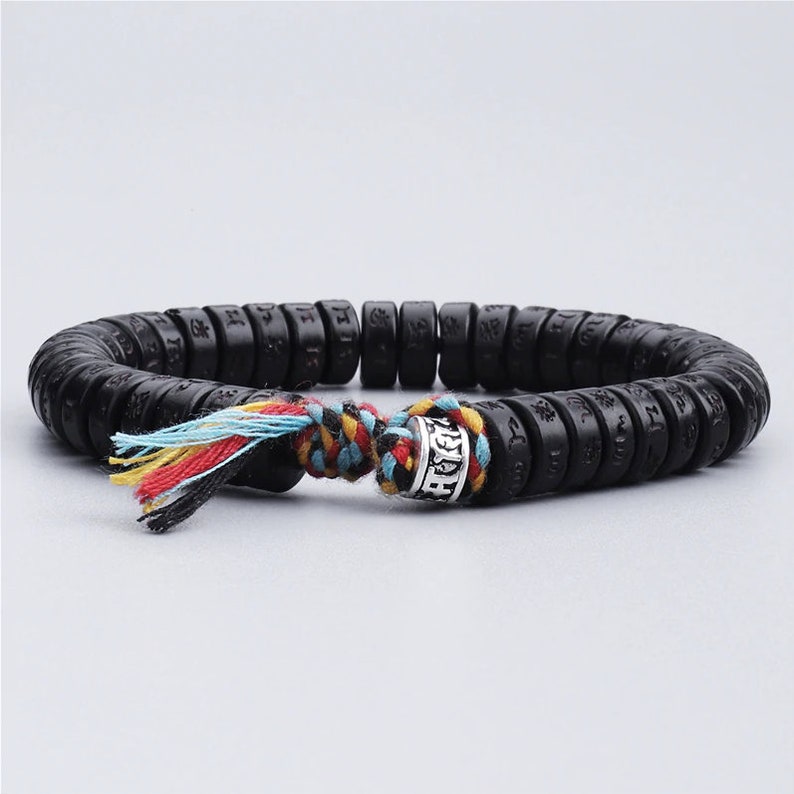Bracelet tibétain tressé porte-bonheur en coquille de noix de coco noire, bracelet de méditation, bracelet pour homme