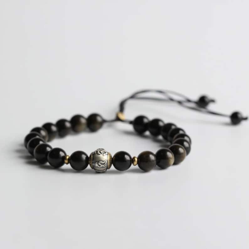 Tibetisches Mantra-Armband, Glücksarmband aus Obsidian zum Schutz