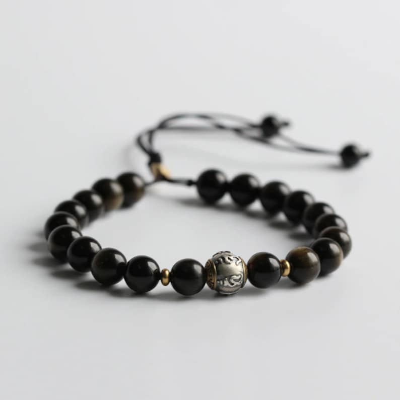 Tibetisches Mantra-Armband, Glücksarmband aus Obsidian zum Schutz