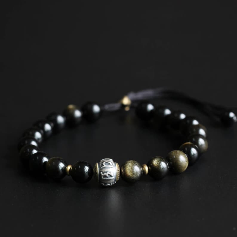 Tibetisches Mantra-Armband, Glücksarmband aus Obsidian zum Schutz