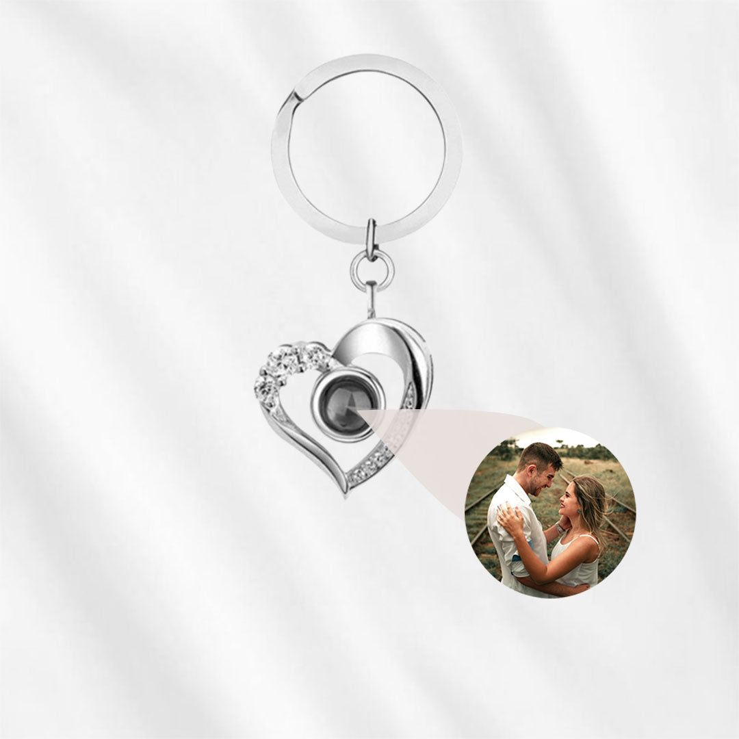 Porte-clés photo personnalisé en argent sterling avec projection en forme de cœur