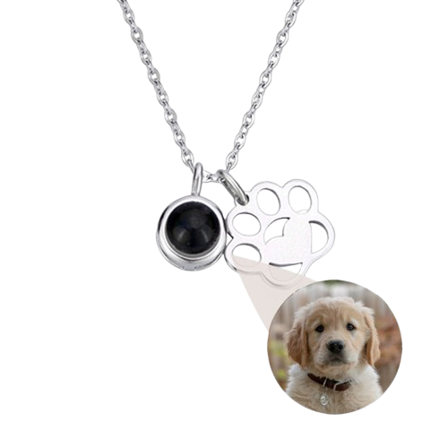 Collier photo avec breloques pattes de chien et de chat