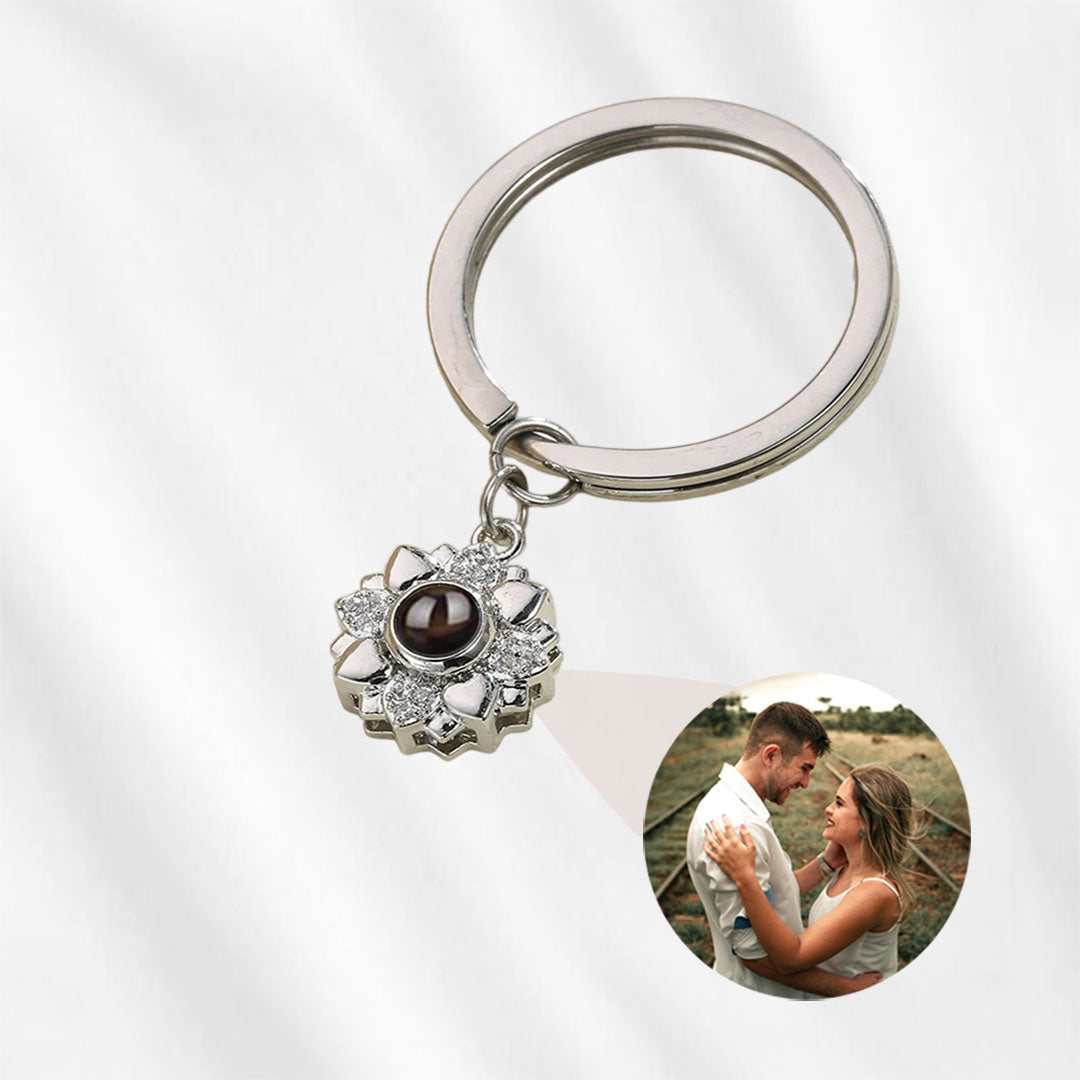 Porte-clés en argent sterling avec image cachée et fleur