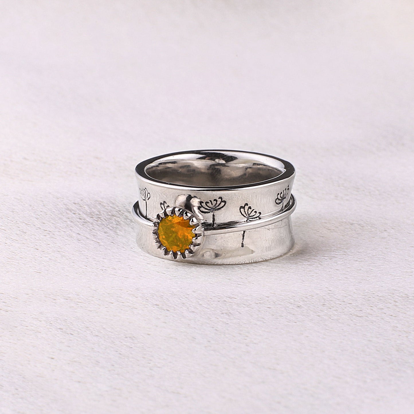 Bague Fidget Spinning Pissenlit Argent Pierre de Naissance
